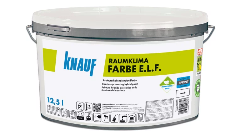 Knauf Raumklima Farbe in Eimer, weiß.